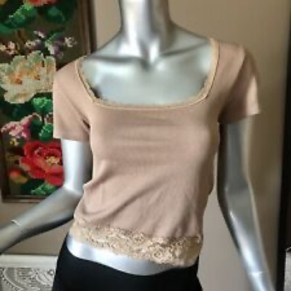 Planet Gold Crop Khaki Lace Square Kneck Short Sleeve Cropped Top